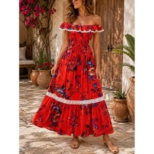 Floral Off Shoulder Maxi Dress Coral Orange Boho Resort Lace Trim Medium Umgee